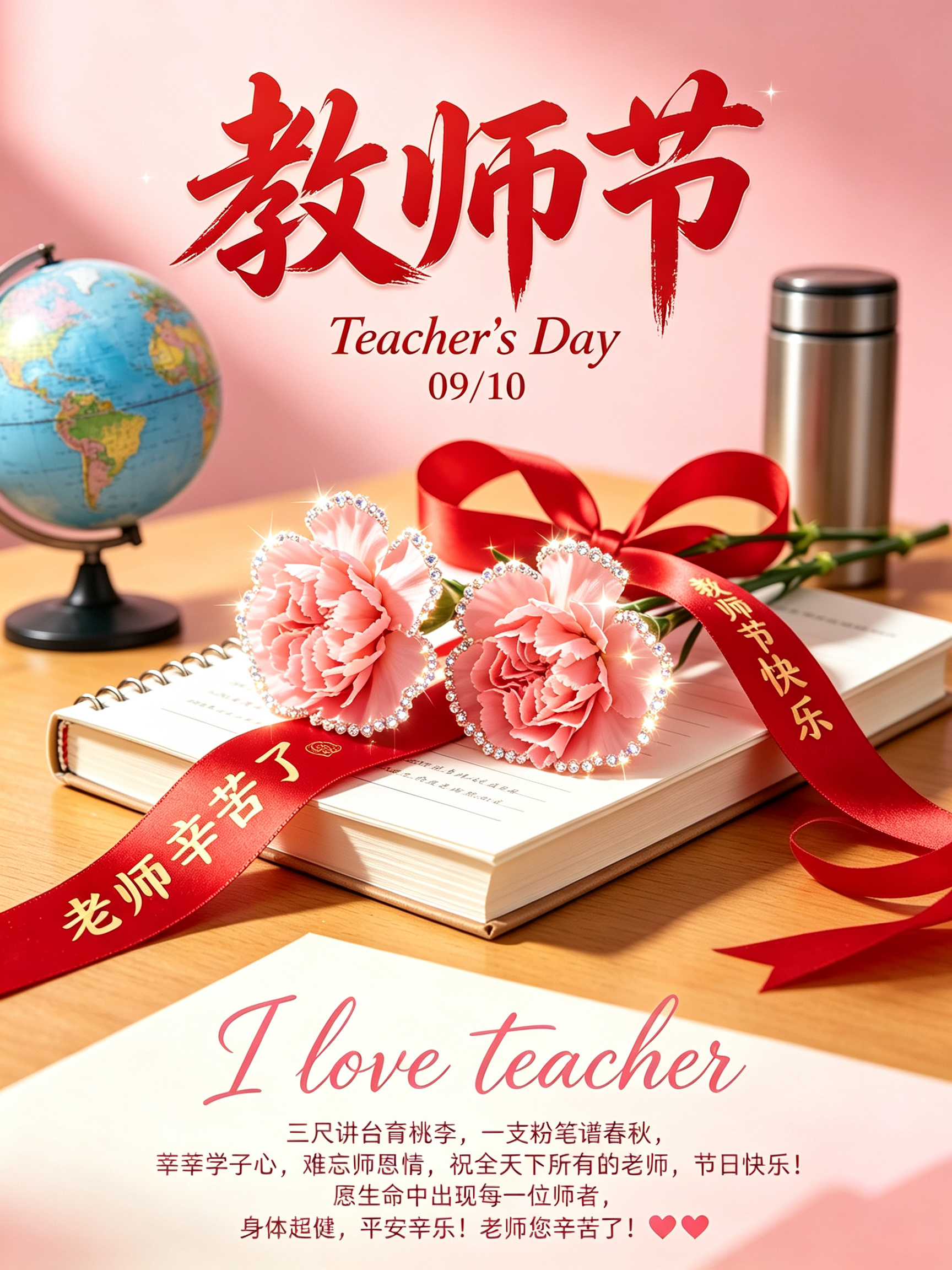 即梦详尽生成提示词 竖版高级静物海报，写实摄影质感，淡粉色渐变背景。讲师台面上有老师教学用的各种工具，书籍上两枝浅粉色康乃馨，缠绕一条飘逸大红色丝带上写有：“老师辛苦了 ””教师节快乐”画面上方红色立体书法大字【教师节… - AI提示词参考图，来自西西提示词