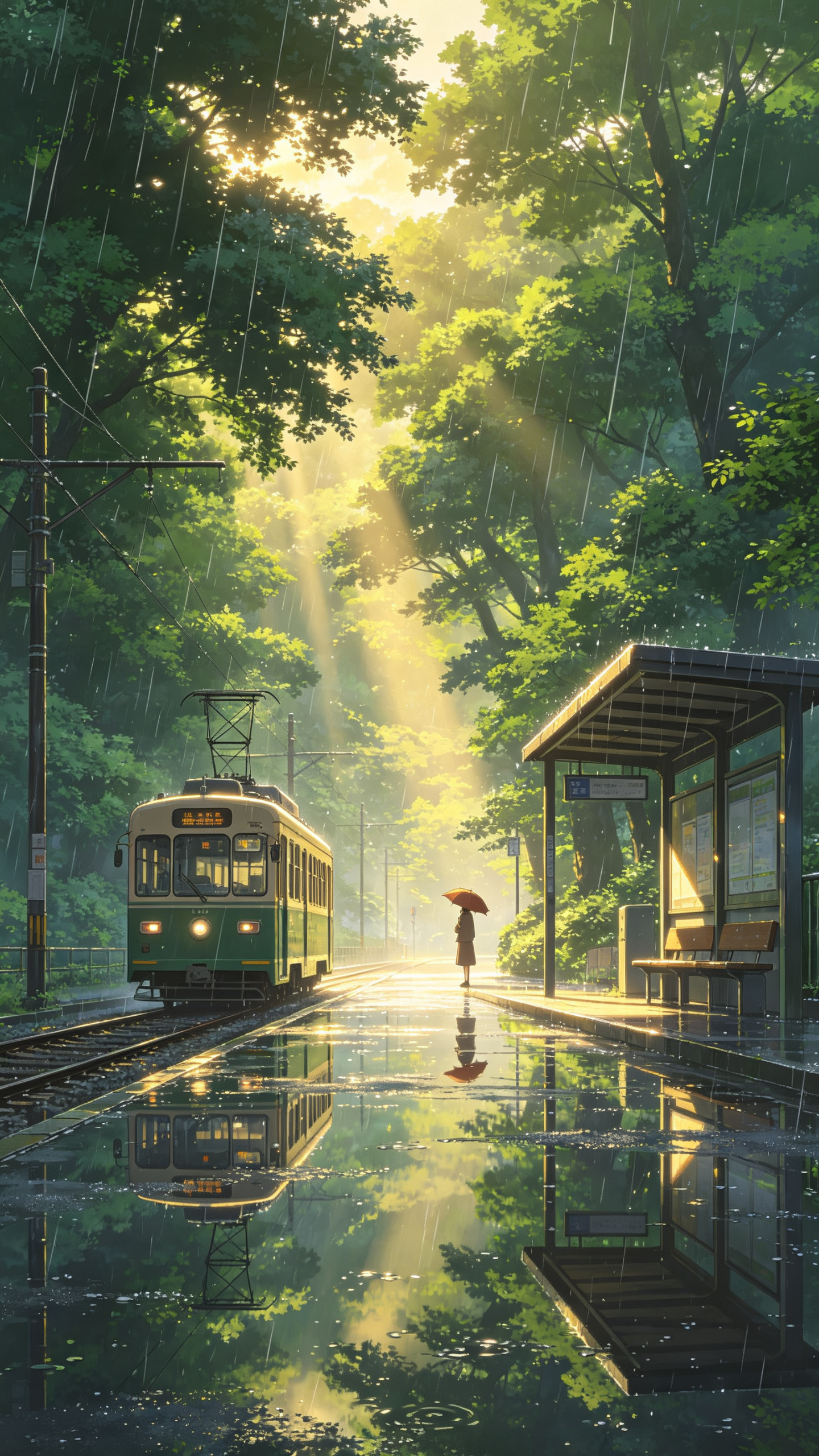 新海诚风格二次元插画，雨后林间公交车站台，机位固定平视；湿漉漉反光镜面马路，地面水洼倒映树木、电车、站台光影，细密雨丝持续飘落；高大茂密的翠绿色大树层层叠叠，林间缝隙穿透柔和金色夕阳光束；一辆复古公交电车沿着轨道缓缓驶… - AI提示词参考图，来自西西提示词