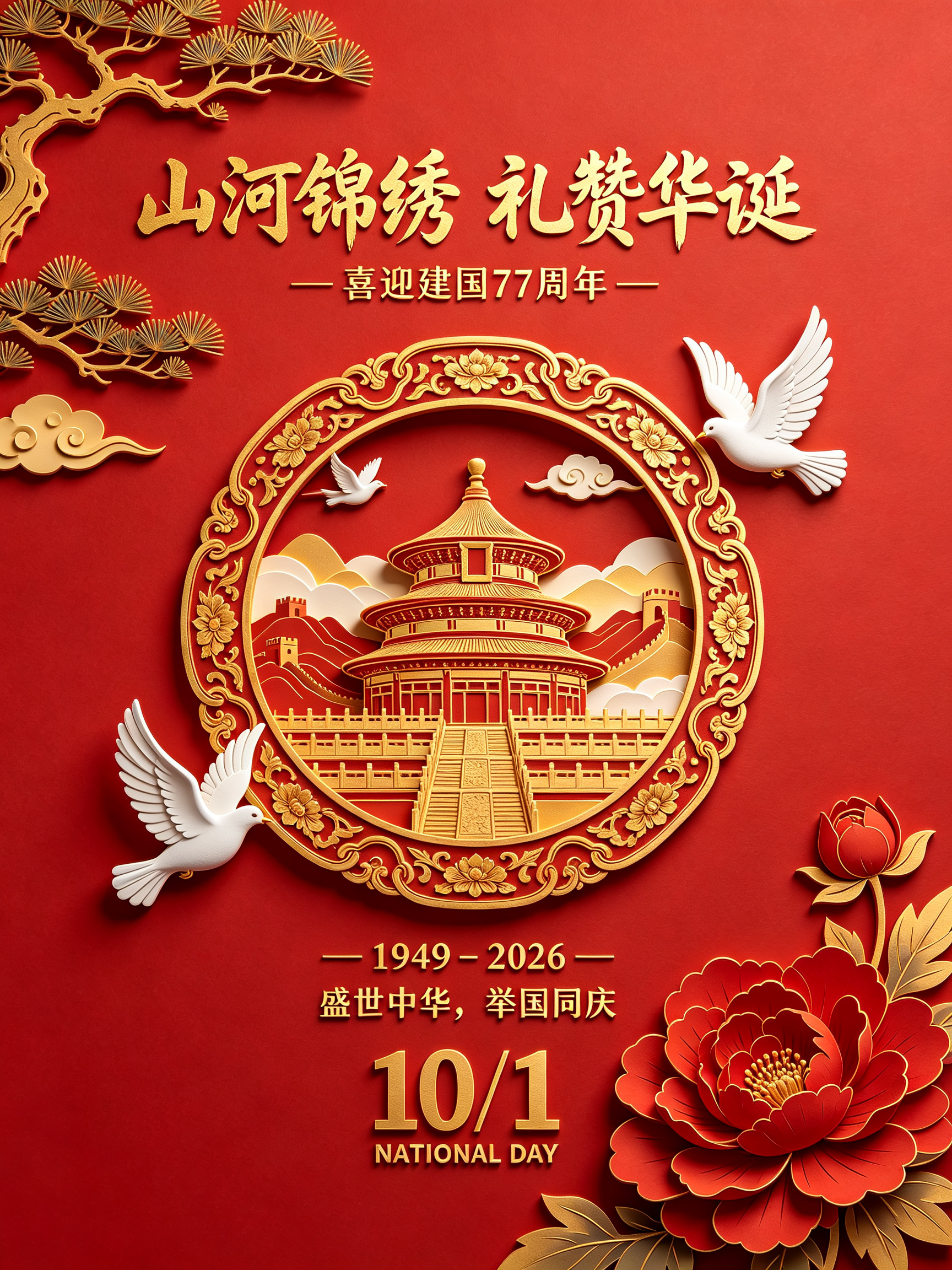 竖版3:4国庆海报，新中式剪纸浮雕风格，正红色背景，画面上方采用磅礴大气的金色毛笔书法字体，文字：山河锦绣 礼赞华诞，下方小字：喜迎建国77周年。画面中心是一个精致的金色雕花圆形边框，圆框内部放置天坛建筑，背景为层叠的… - AI提示词参考图，来自西西提示词