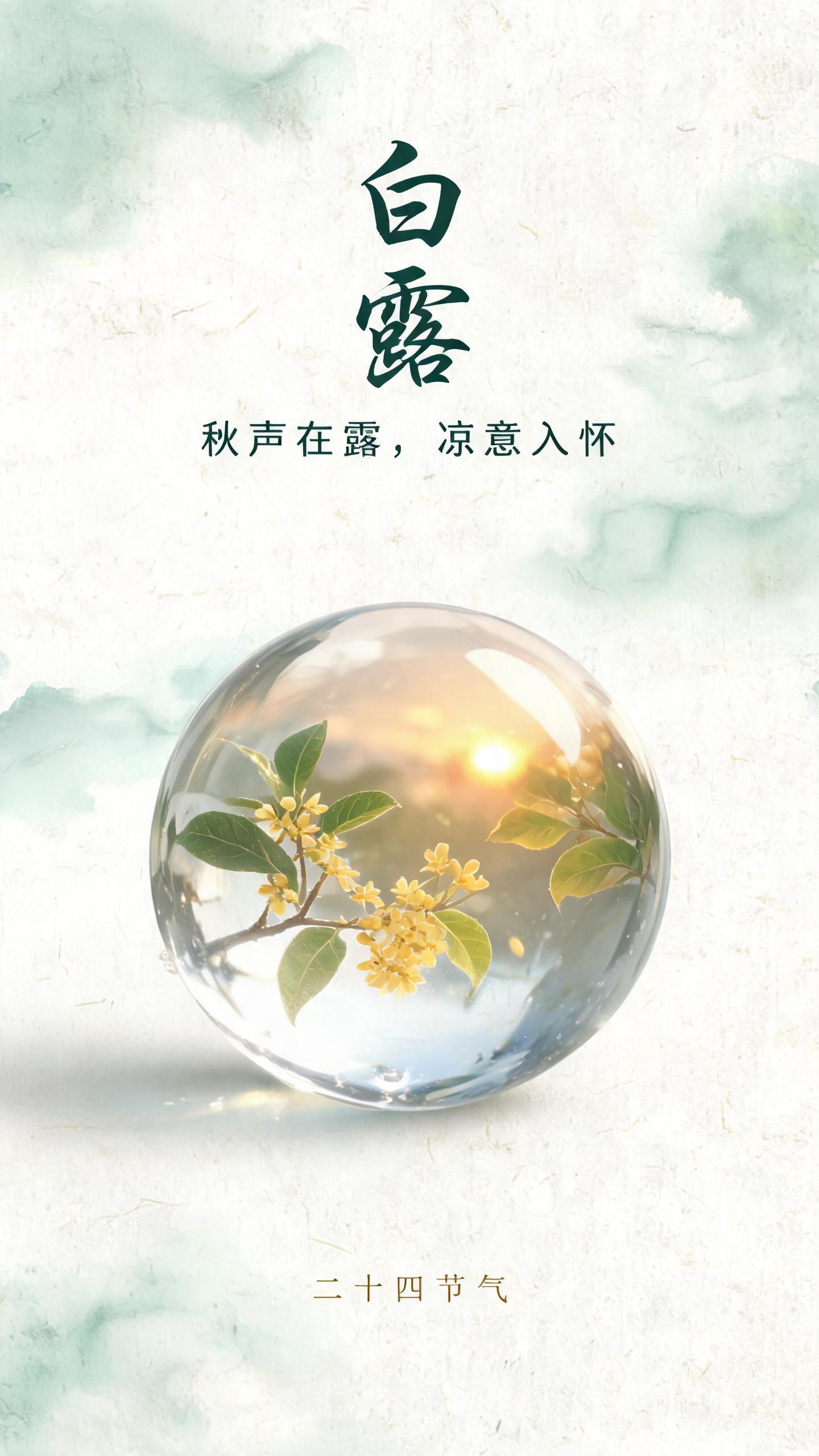 9:16竖版，二十四节气白露主题，新中式国风海报，米白色做旧宣纸纹理背景，淡淡的青绿色水墨云雾朦胧晕染，画面下半部分放置一颗晶莹圆润的大水晶露珠球体，高通透玻璃质感，柔和高光反光，水晶球内部倒映秋日夕阳、桂花、茶叶，暖… - AI提示词参考图，来自西西提示词