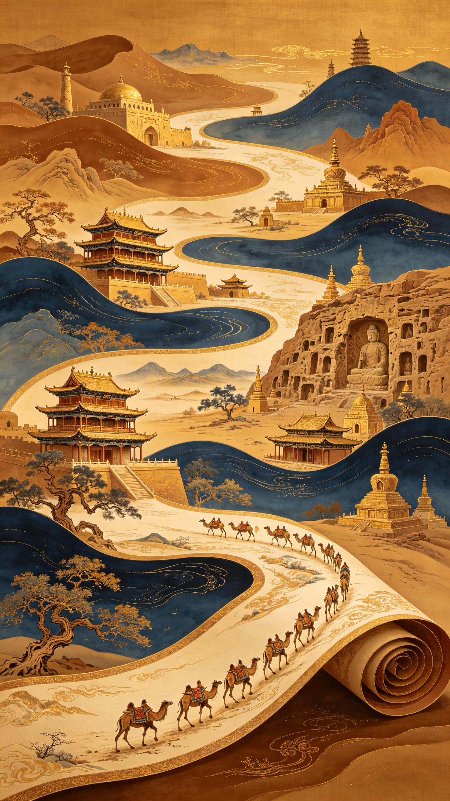 大師級獲獎作品： 中式古典丝路长卷风格，构图为分层波浪形卷轴：多个金棕、深蓝渐变的波浪层次，嵌入中式楼阁、山水、东方异国风情，特别要画出来古代丝路上的一些著名地方，比如楼兰古国、莫高石窟等标志性建筑。配色以金棕暖调为主… - AI提示词参考图，来自西西提示词