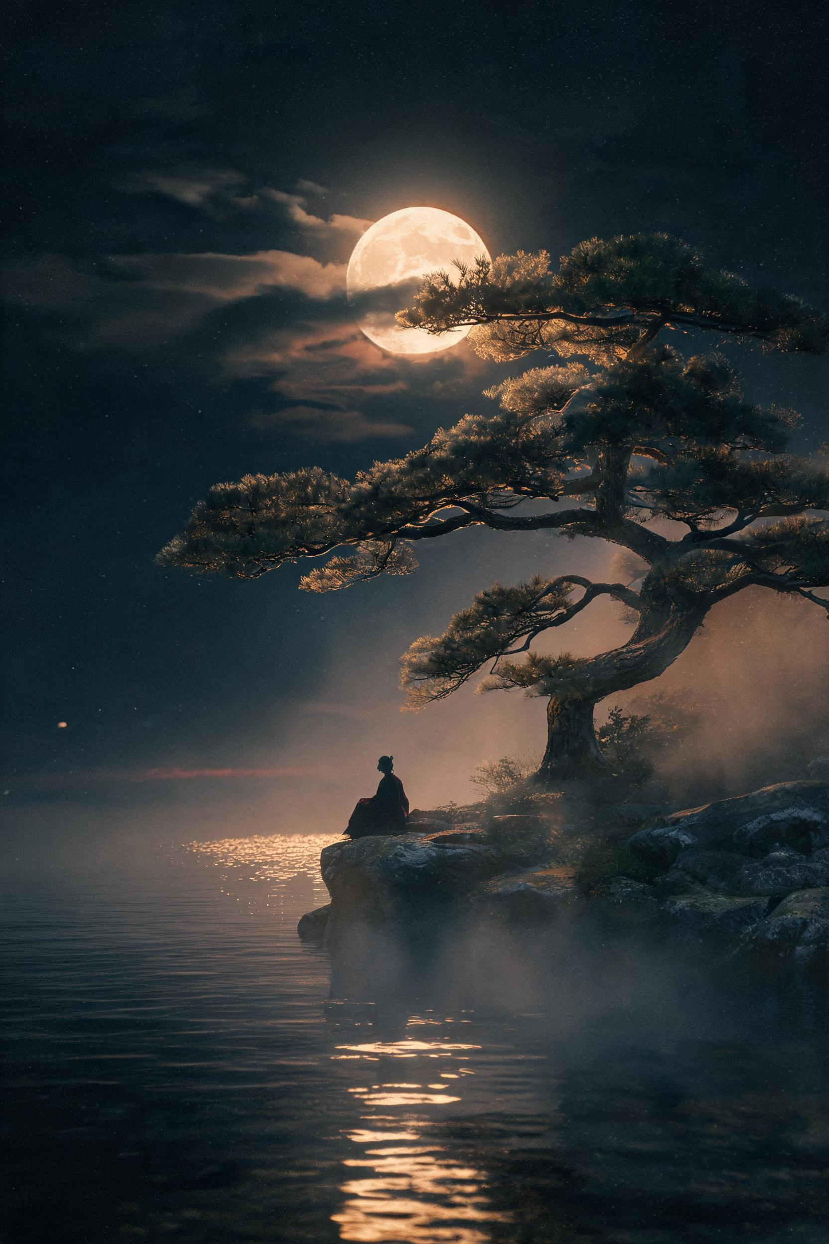 【画幅与镜头】 2:3竖幅海报,70mm大画幅,粗颗粒胶片,平视微仰,极浅景深 【核心场景】 大面积深墨暗冷调留白。满月位于画面上方偏中,被一层薄云半遮,月缘柔化无硬边,云层晕出暖金光圈包裹月面,月海纹理隐约可读非清晰… - AI提示词参考图,来自西西提示词