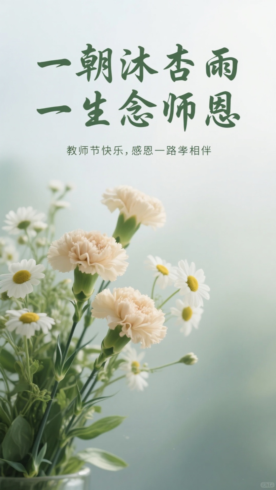 生9:16竖版短视频封面，温柔治愈氛围感，清晨柔和柔光，一束淡雅香槟康乃馨与白色小雏菊，浅绿枝叶，朦胧薄雾背景，简约干净。上方优雅墨绿色书法文字：一朝沐杏雨，一生念师恩；下方小字：教师节快乐，感恩一路相伴的良师。画面低… - AI提示词参考图，来自西西提示词