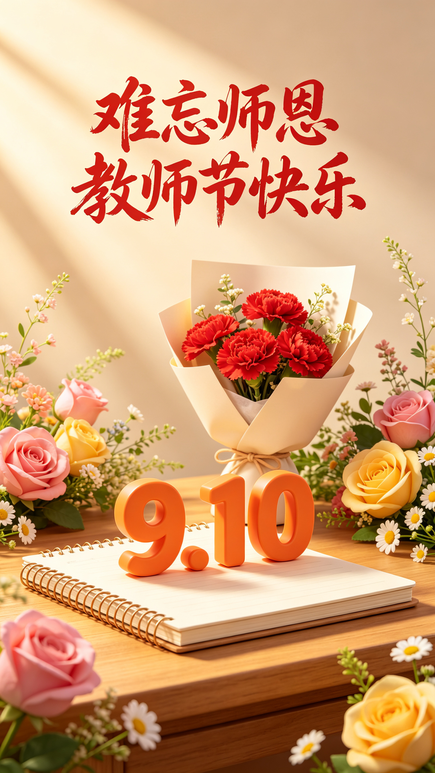 9:16竖版，3D卡通渲染，教师节海报，暖米色柔和背景，桌面场景，木质桌面，台历笔记本摆在桌面中央，立体橙色3D数字摆件9.10，摆件后方是米白色包装纸包裹的红色康乃馨花束，画面四周环绕粉色玫瑰、黄玫瑰、小雏菊、各类细… - AI提示词参考图，来自西西提示词