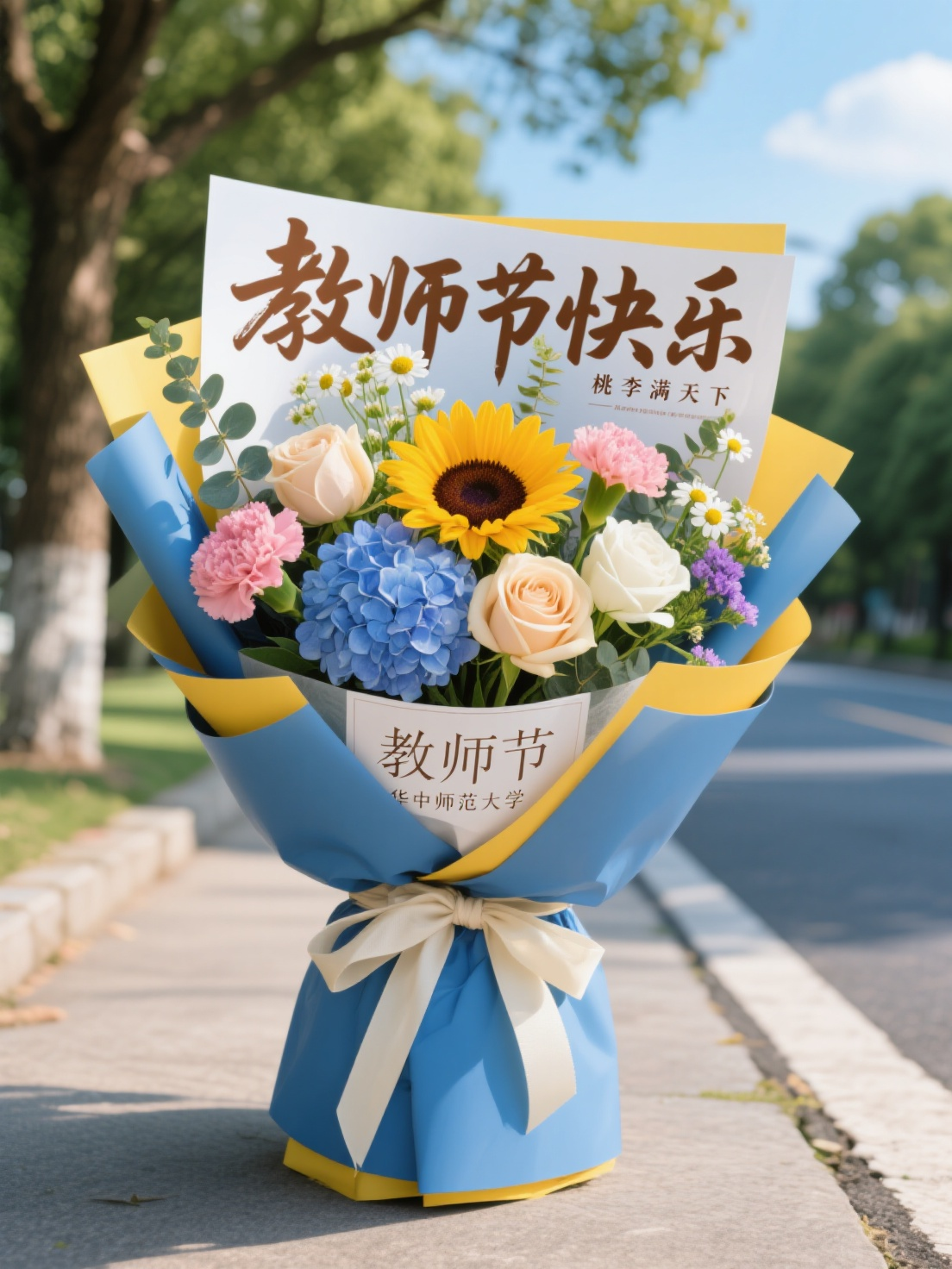 手持一束教师节鲜花花束，蓝色包装纸搭配黄色内衬，米白色丝带打结，花材包含向日葵、粉色康乃馨、蓝色绣球、香槟玫瑰、白色洋桔梗、小雏菊、小紫花、尤加利叶，花束上夹一张白色卡片，卡片写文字“桃李满天下”，户外公园道路背景，晴… - AI提示词参考图，来自西西提示词