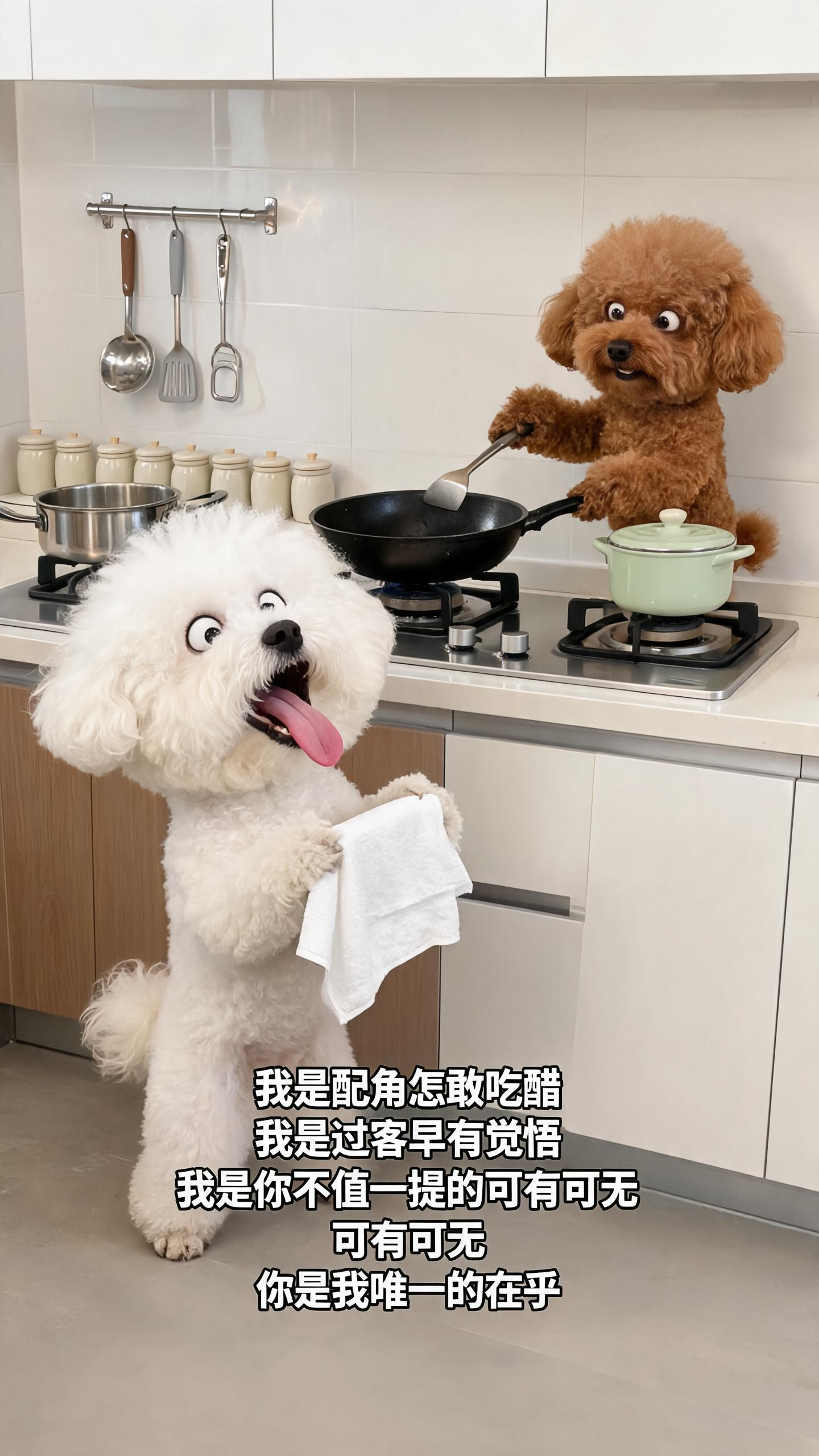 生成一张图片，定格静态的写实风格厨房场景，场景内包含嵌入式拉丝不锈钢灶台、1只黑色铸铁炒锅、1只银色不锈钢汤锅、1个淡绿色陶瓷奶锅、9个带磨砂质感的陶瓷调料瓶、挂在墙面挂杆上的不锈钢锅铲、硅胶刮刀、开瓶器等完整厨房元素… - AI提示词参考图，来自西西提示词