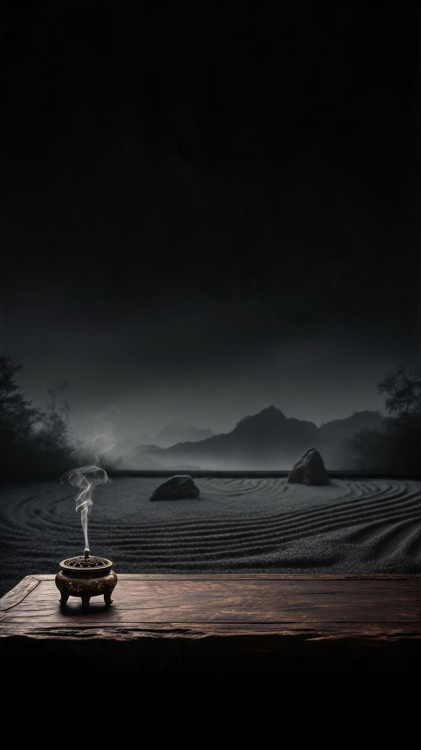 中国水墨禅意风格,极简暗调背景图,画面主体为深夜枯山水庭院一角,远处隐约可见黛色远山与薄雾,近处是深色老木桌面,桌角放一只古朴香炉,一缕青烟缓缓升起。整体色调极暗,以深墨灰、暗褐、纯黑为主,只留极少的暗金与米白点缀。大… - AI提示词参考图,来自西西提示词