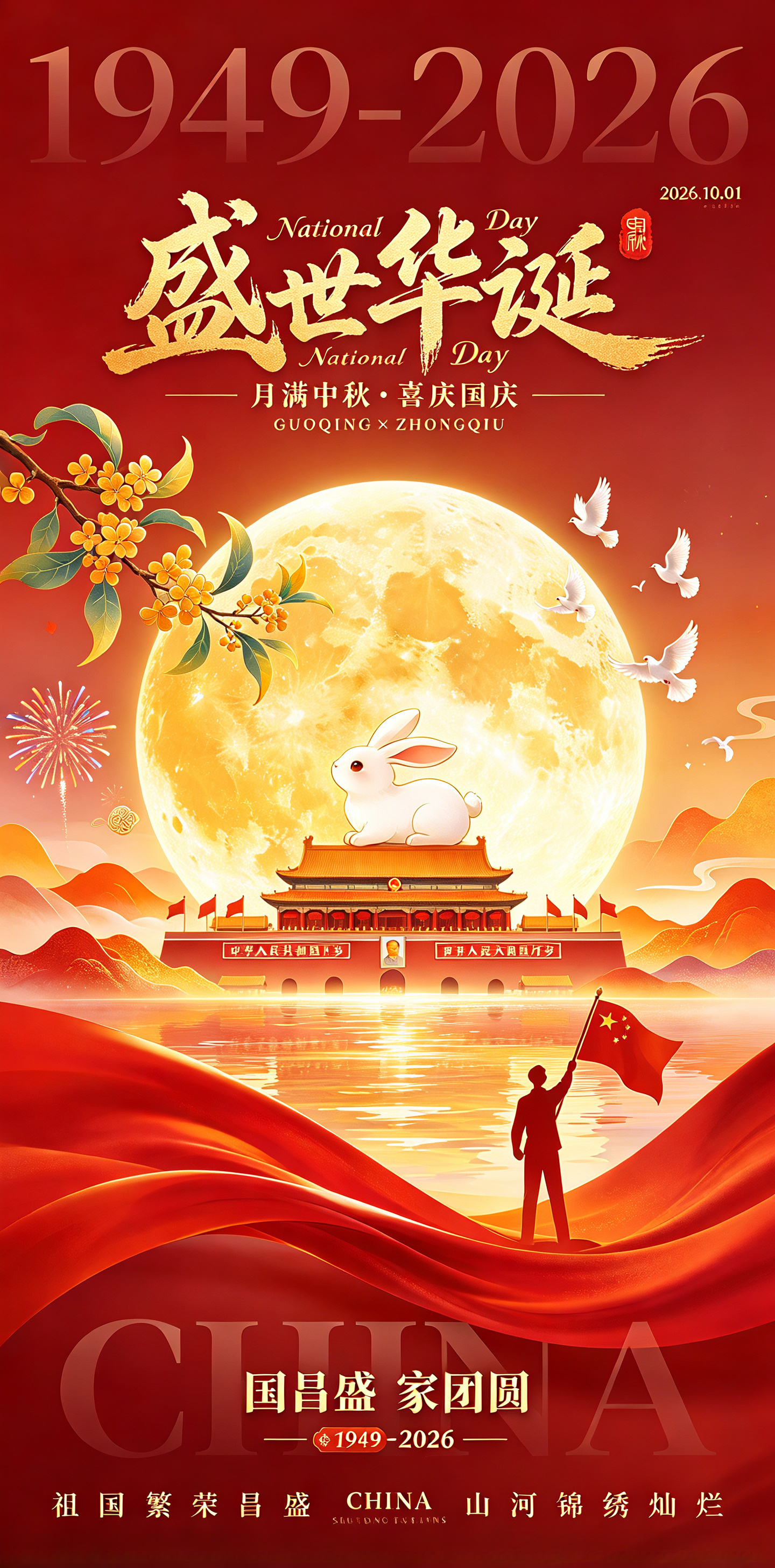 这是一张竖版节日宣传海报,主题为 “盛世华诞” 国庆中秋双节同庆海报。整体采用大气庄重的国潮插画风格,背景为深红色渐变底色,顶部隐现半透明巨大数字 “1949‑2026” 暗纹。顶部区域左右标注日期 “2026.10.… - AI提示词参考图,来自西西提示词