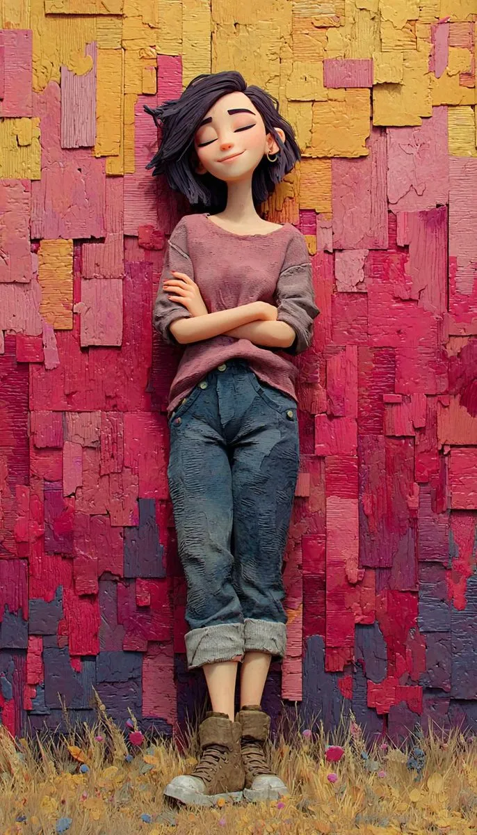 A stylized 3D animated girl standing in front of a rustic wooden door, surrounded by soft coral-pink and dust… - AI提示词参考图，来自西西提示词