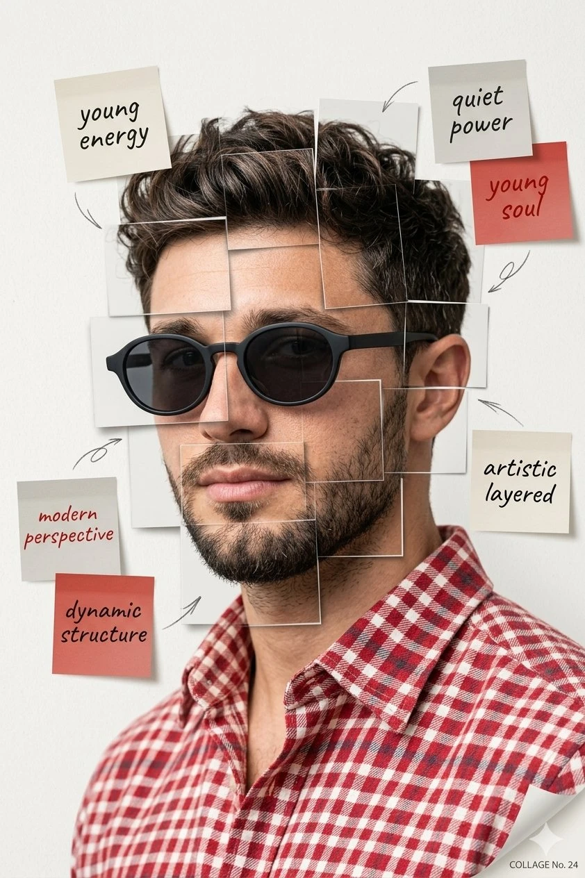 A high-end editorial portrait of a young man, using the provided image as a facial reference, now wearing mat… - AI提示词参考图，来自西西提示词