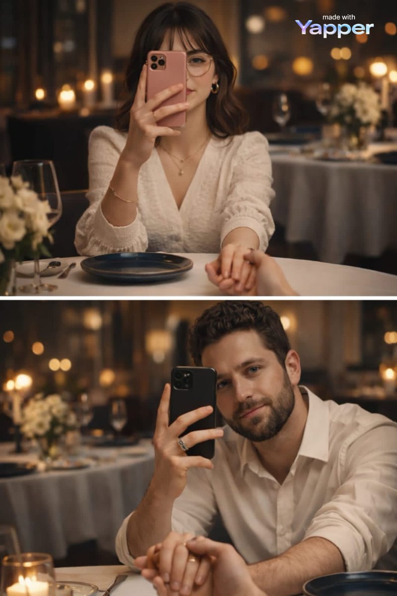 Create a split-screen composition of a dinner date. Top half: A young woman with dark hair wearing a white te… - AI提示词参考图，来自西西提示词