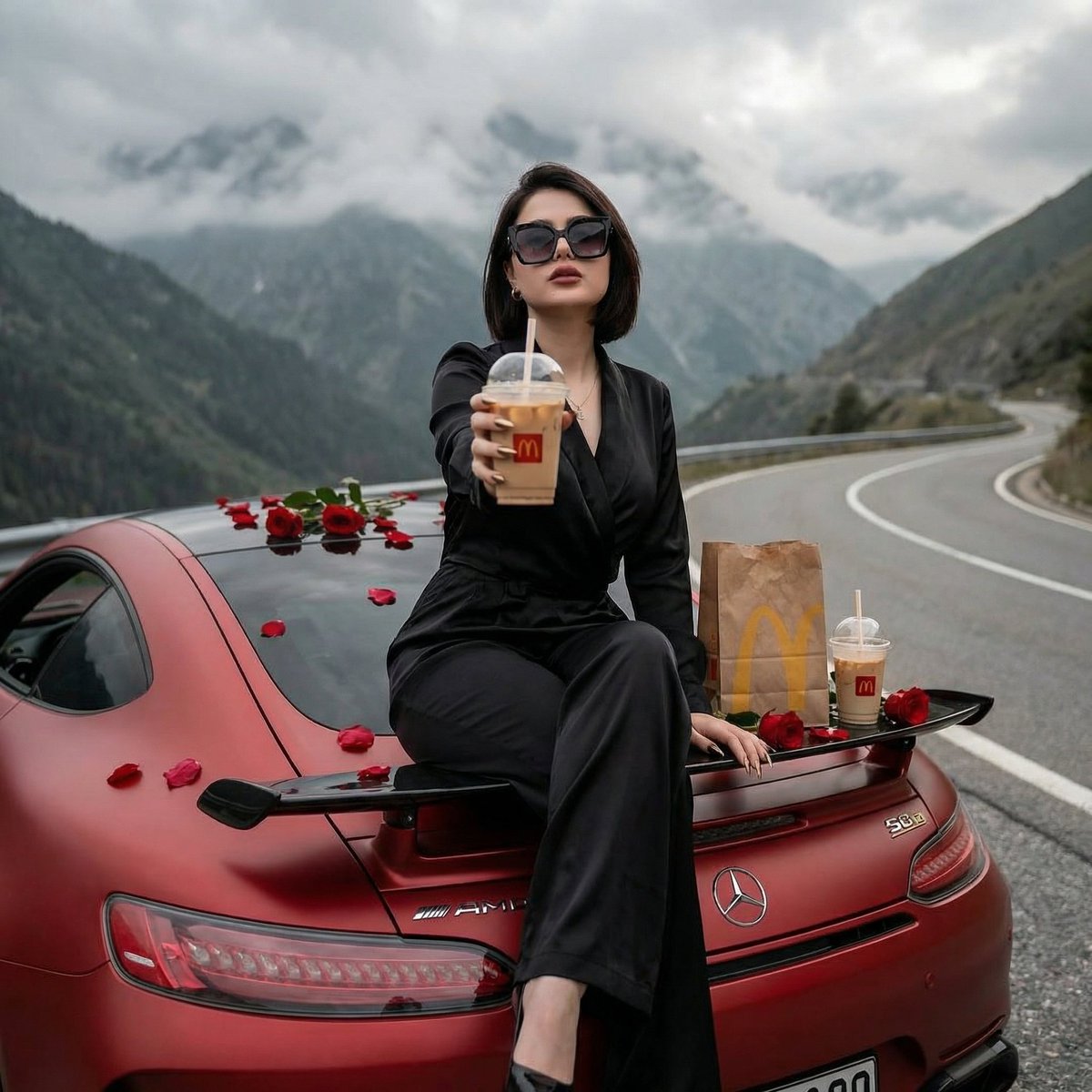 A stylish young woman with the uploaded image face, wearing an elegant black satin outfit and trendy sunglass… - AI提示词参考图，来自西西提示词