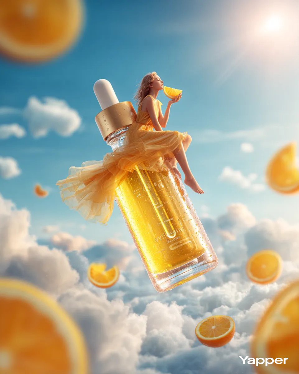 A surreal luxury skincare advertising photo of a giant vitamin C serum bottle floating above fluffy white clo… - AI提示词参考图,来自西西提示词