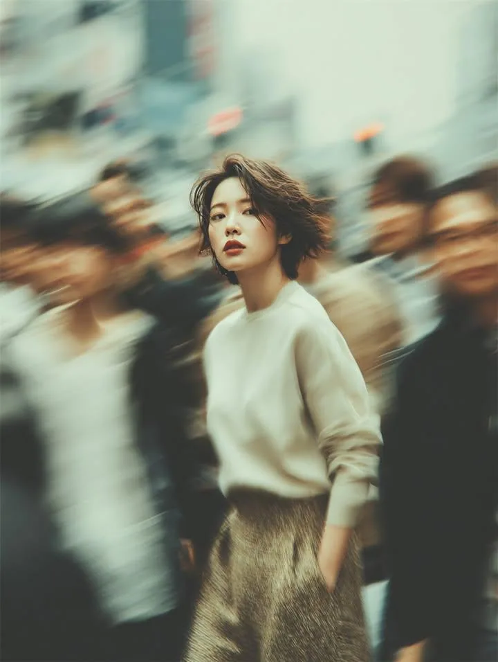 A cinematic street portrait of a young woman standing still in a busy urban crowd, captured with motion blur … - AI提示词参考图，来自西西提示词