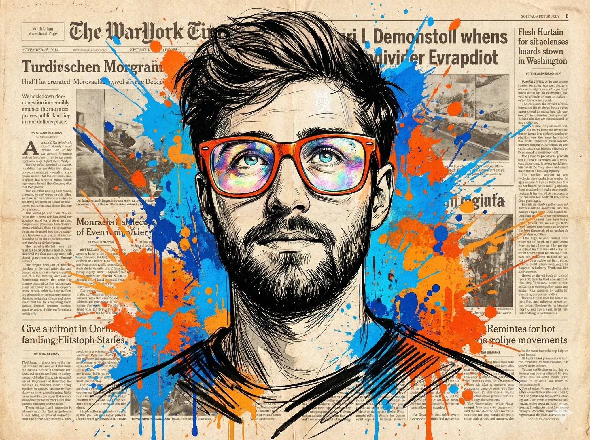 Vibrant expressive portrait of a man looking upwards with wonder, wearing oversized bright orange-red glasses… - AI提示词参考图，来自西西提示词