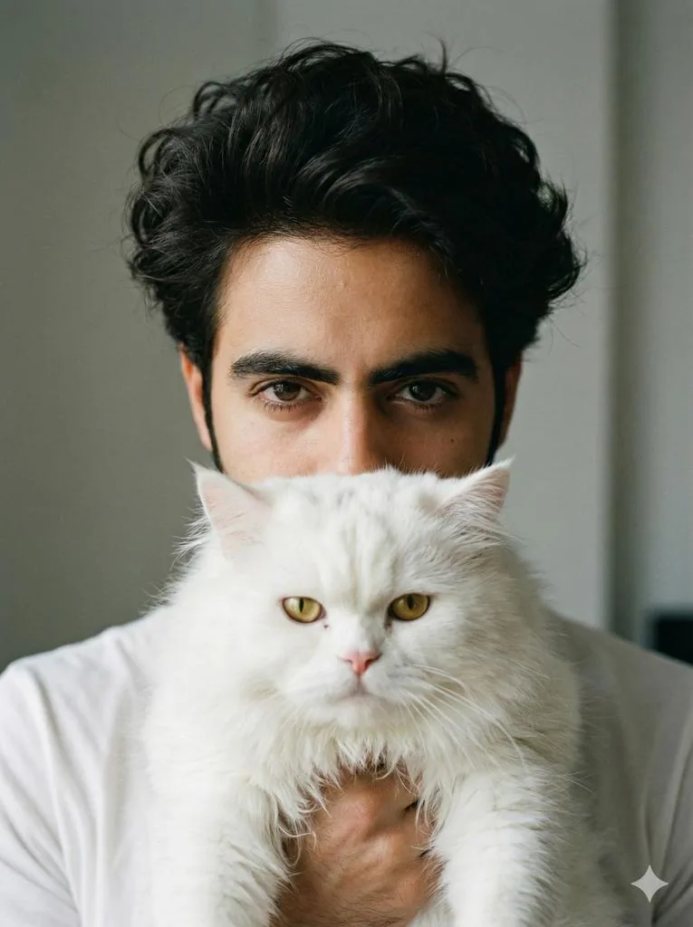 Close-up portrait of a young man Noor with long messy, voluminous dark hair, holding a fluffy white Persian c… - AI提示词参考图，来自西西提示词