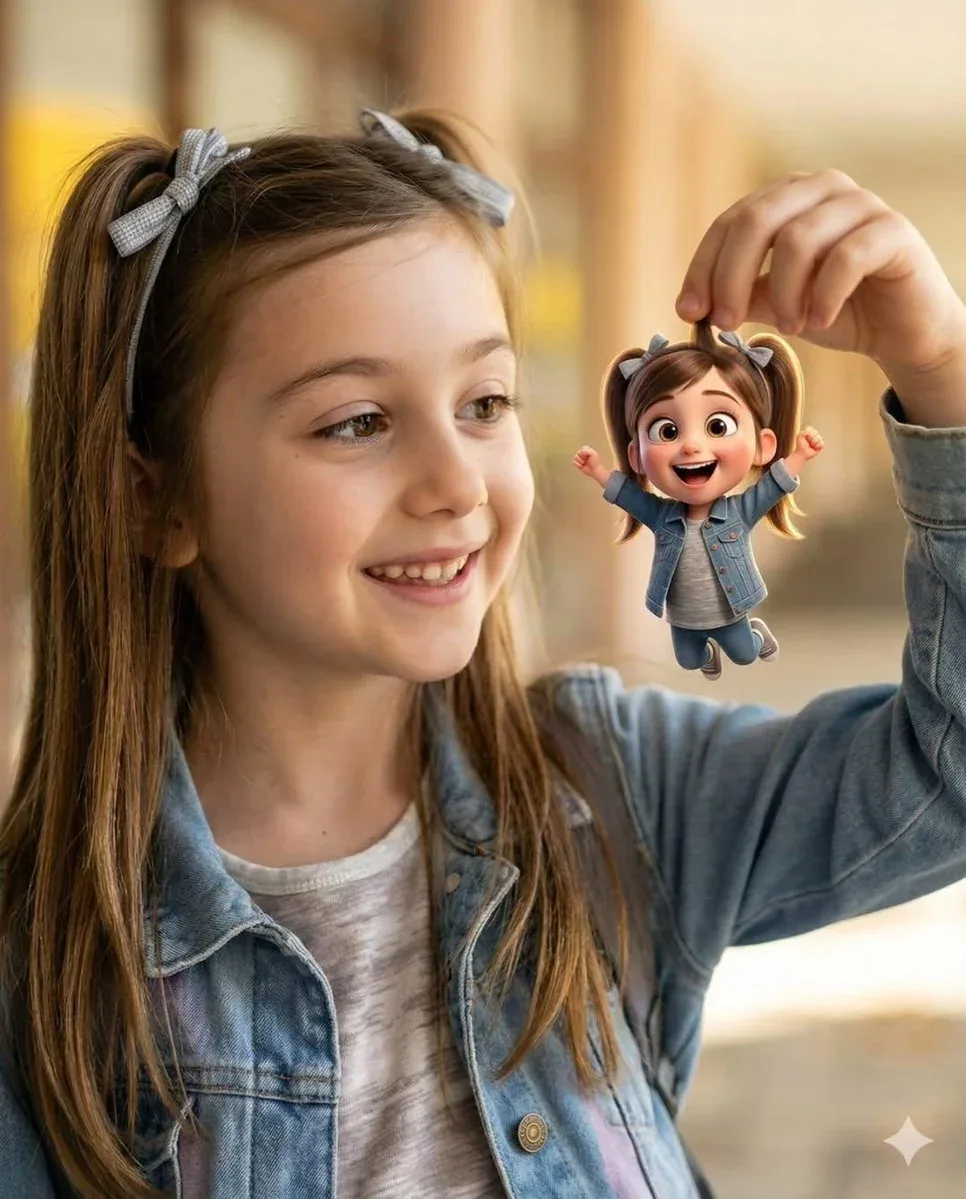 { "Objective": "Create a heartwarming, whimsical portrait blending photorealistic realism with a tiny Pixar-s… - AI提示词参考图，来自西西提示词