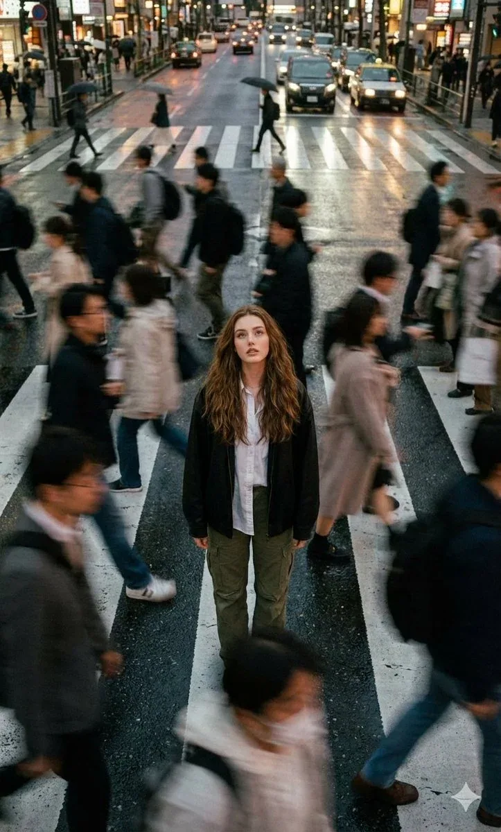 Cinematic street photography capturing a moment in motion with a crowd blur effect. Overhead portrait of me s… - AI提示词参考图，来自西西提示词