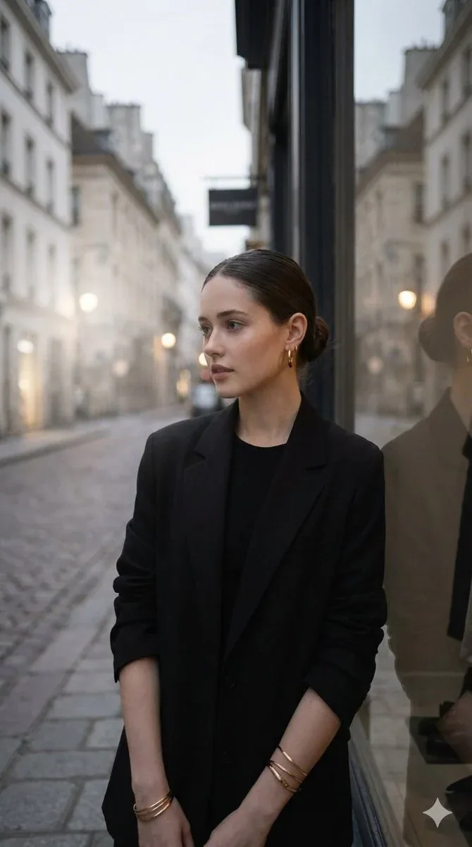 Elegant woman with dark hair in a sleek bun, wearing a structured oversized black blazer, standing on a quiet… - AI提示词参考图，来自西西提示词