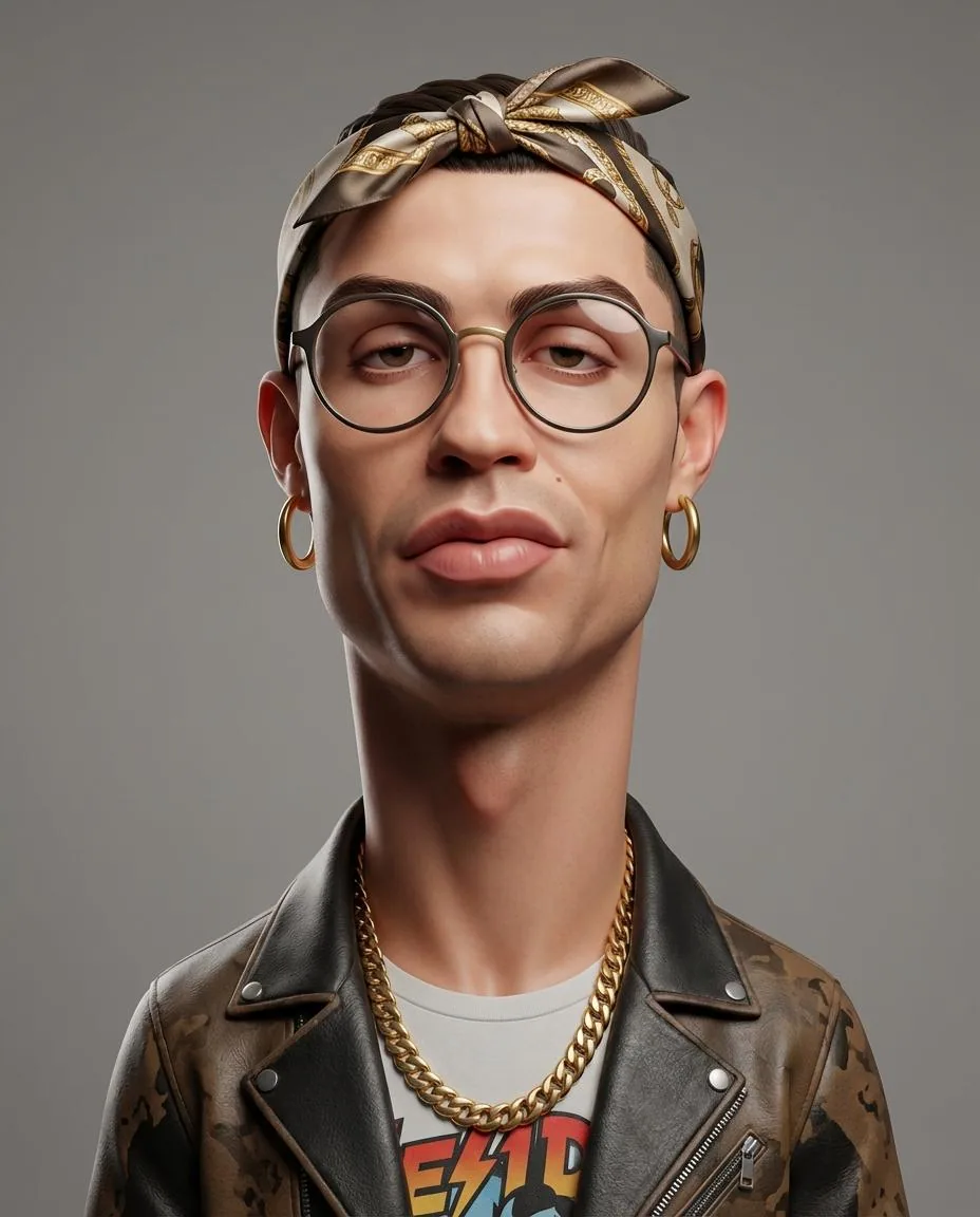 Create an exaggerated stylized 3D caricature character portrait with strong intentional deformation and a cle… - AI提示词参考图，来自西西提示词