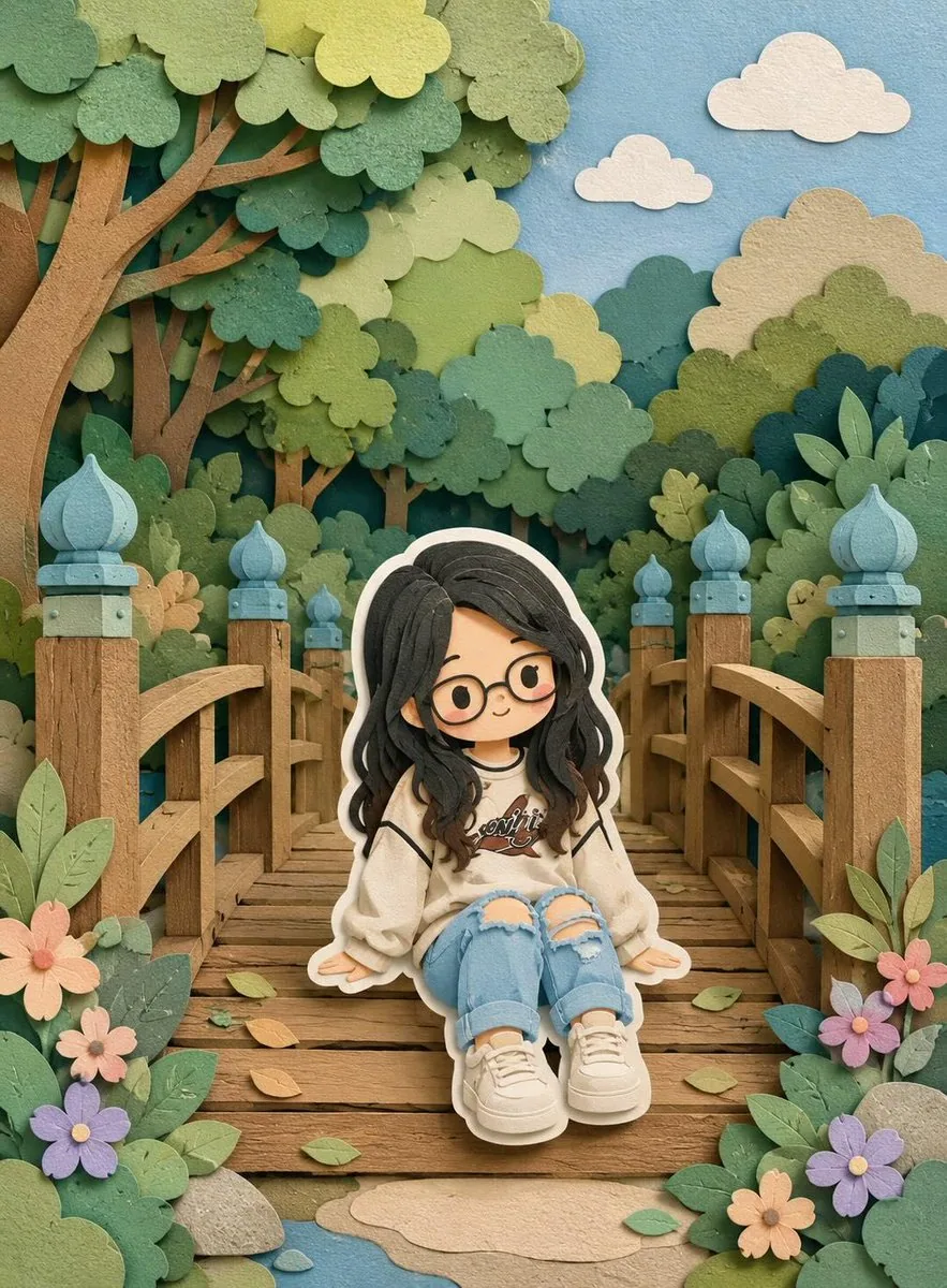 Cute layered paper-cut art style illustration of a chibi girl with big expressive eyes and long wavy black ha… - AI提示词参考图，来自西西提示词