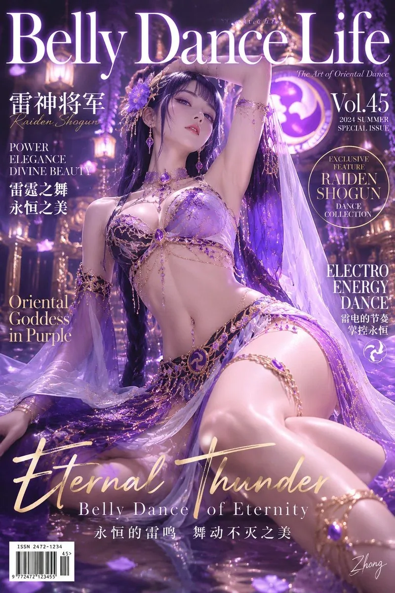 指定角色：芙宁娜《原神》 真人摄影风格的高端肚皮舞主题时尚杂志封面 / 宣传海报。 请基于当前指定角色，自动识别并提取其来源作品、世界观、身份设定、标志性发型发色、瞳色、经典服装语言、代表配色、能力元素、阵营符号与性格… - AI提示词参考图，来自西西提示词