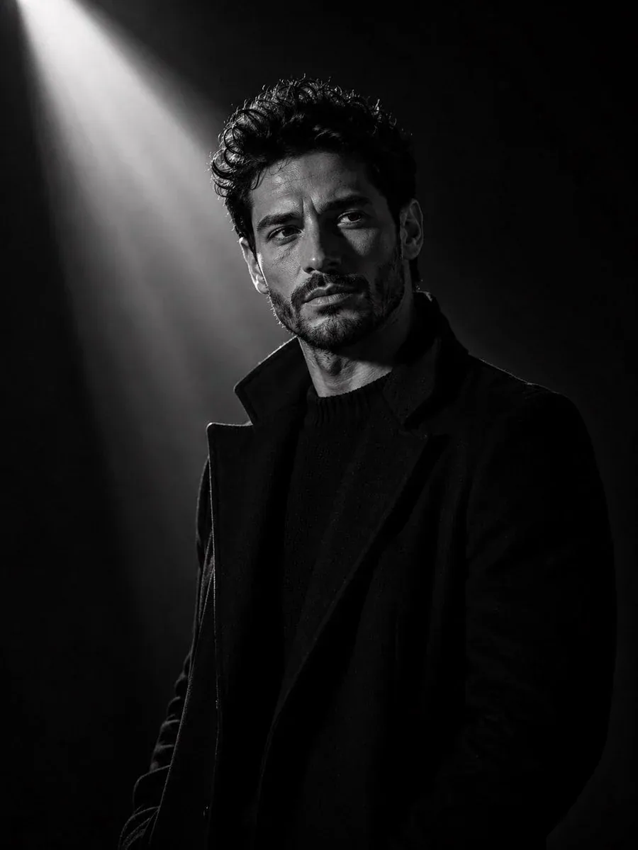 Ultra-cinematic black-and-white portrait of a young man standing in a dark minimalist studio, wearing a long … - AI提示词参考图，来自西西提示词