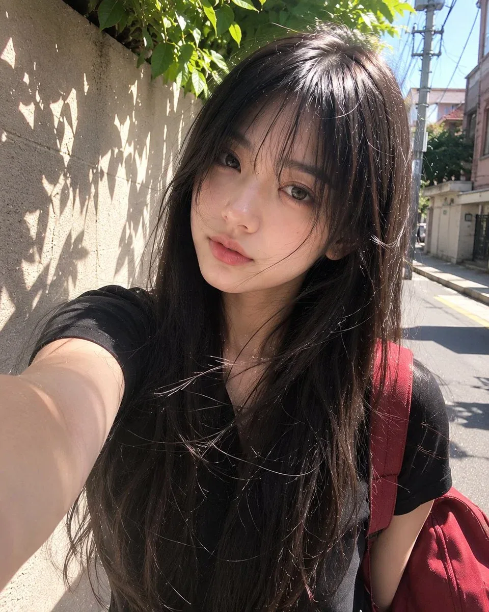 Beautiful young Japanese girl with long silky black hair and soft wispy bangs, large expressive dark eyes, fa… - AI提示词参考图，来自西西提示词