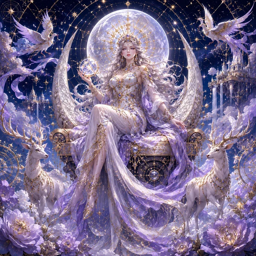 Create a luxury maximalist vector magazine cover in portrait format Theme: Queen of the Lunar Cosmos A celest… - AI提示词参考图，来自西西提示词