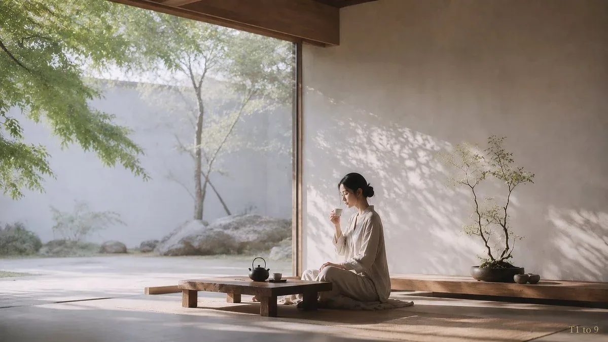 高级时装大片禅意环境人像，东亚成年美丽女性，主题「静·禅」。真实摄影主体 + 极简禅意室内空间 + 大面积负空间（留白）。画面不依靠夸张的表情，而是通过安静的室内空间、自然光线、茶席、窗外庭院与克制留白，来承载平静、放… - AI提示词参考图，来自西西提示词