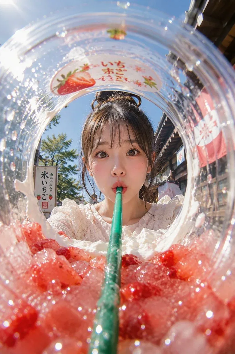 主題： 氷越しの夏 主体： 縦長2:3のリアル写真。透明な大型プラスチックカップの内側から見上げるような超広角フィッシュアイ構図。画面下半分いっぱいに赤いいちご果肉とクラッシュアイスが迫り、中央から太いグリーンのストロ… - AI提示词参考图，来自西西提示词