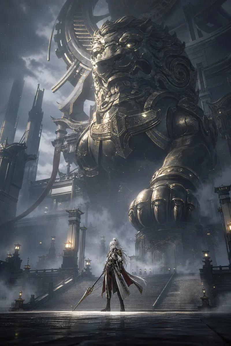 small but readable figure near the bottom enormous statue / machinery occupies most of the image height only … - AI提示词参考图，来自西西提示词