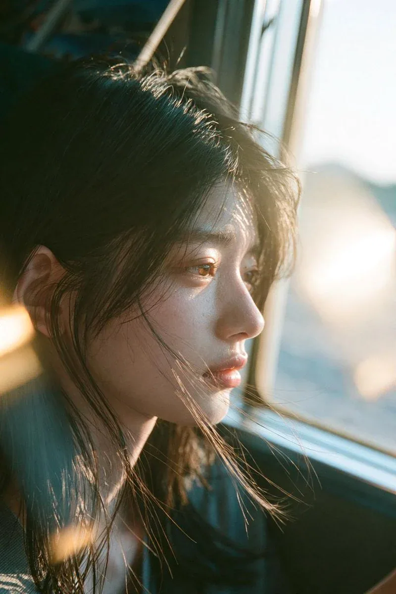 A melancholic young East Asian woman with long, slightly messy black hair sits quietly beside a large window … - AI提示词参考图，来自西西提示词