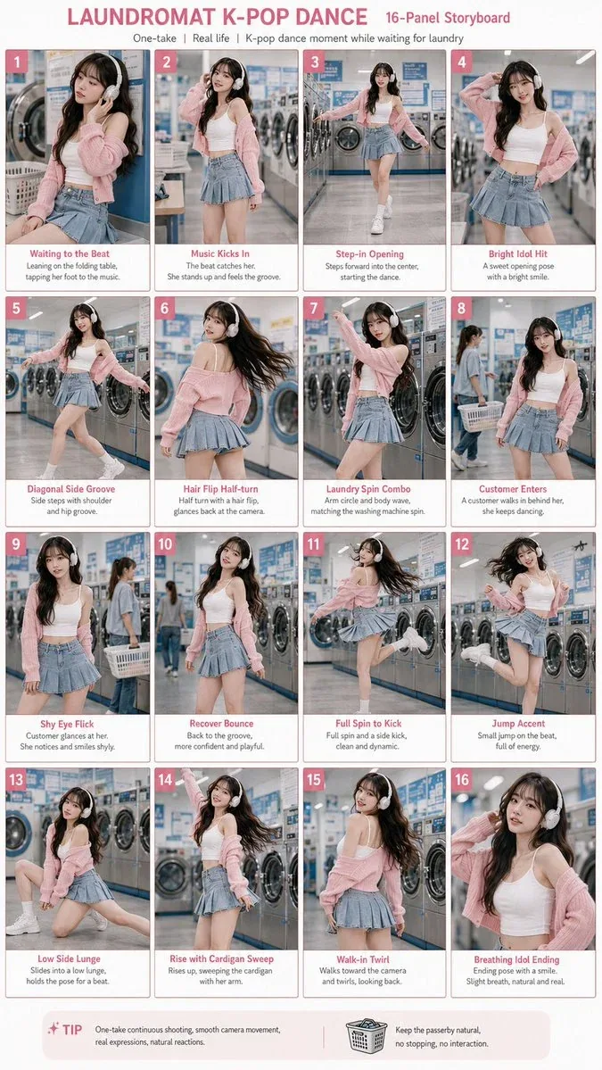 Theme: Laundromat K-pop Dance Character: young adult East Asian K-pop dancer, realistic face, pink cardigan w… - AI提示词参考图，来自西西提示词