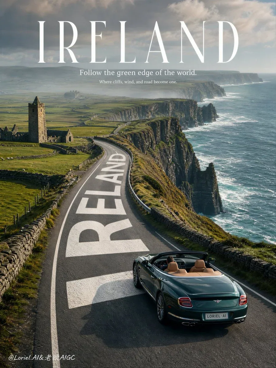 Create an ultra-premium vertical tourism campaign poster for Ireland, built on a dramatic scenic-road composi… - AI提示词参考图，来自西西提示词