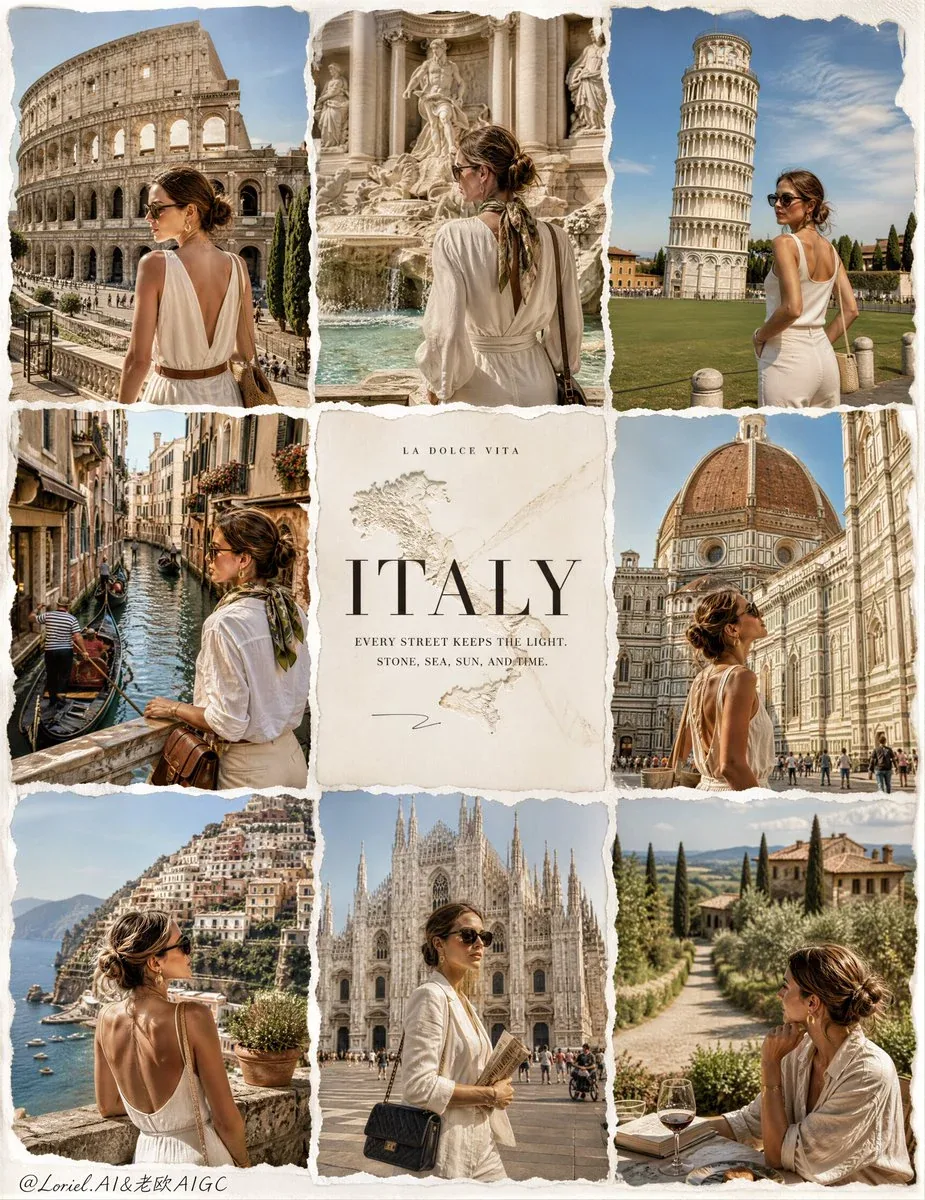 Create an ultra-premium 3x3 travel campaign board for ITALY, preserving the same refined nine-panel torn-pape… - AI提示词参考图，来自西西提示词