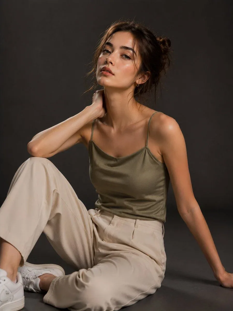 Ultra-photorealistic editorial fashion portrait in a minimalist photography studio with a seamless charcoal-g… - AI提示词参考图，来自西西提示词