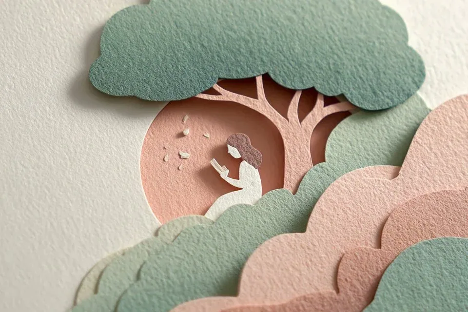 Layered paper-cut illustration of [Subject], built with overlapping shapes in soft [Color One] and [Color Two… - AI提示词参考图，来自西西提示词