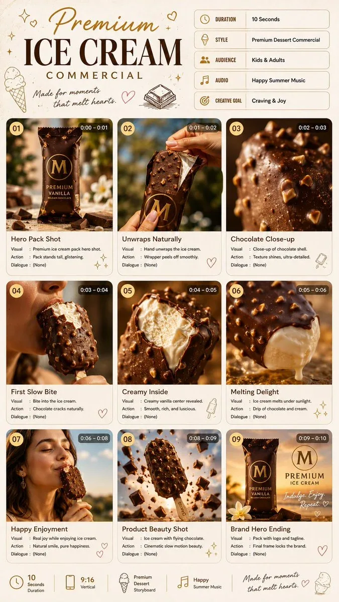 TITLE: Premium Ice Cream Commercial FORMAT: • Premium dessert commercial storyboard • Single-page portrait la… - AI提示词参考图，来自西西提示词