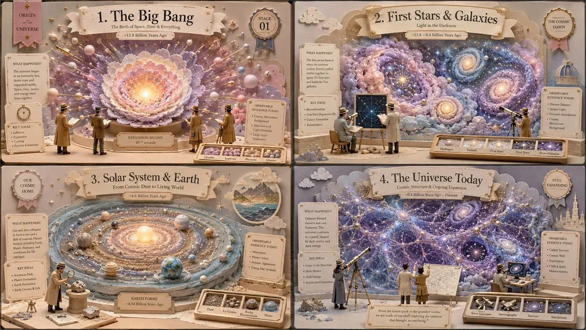 2x2 grid, 16:9, do this for 4 stages of the history of universe: a = { soft museum diorama: matte clay, plast… - AI提示词参考图，来自西西提示词