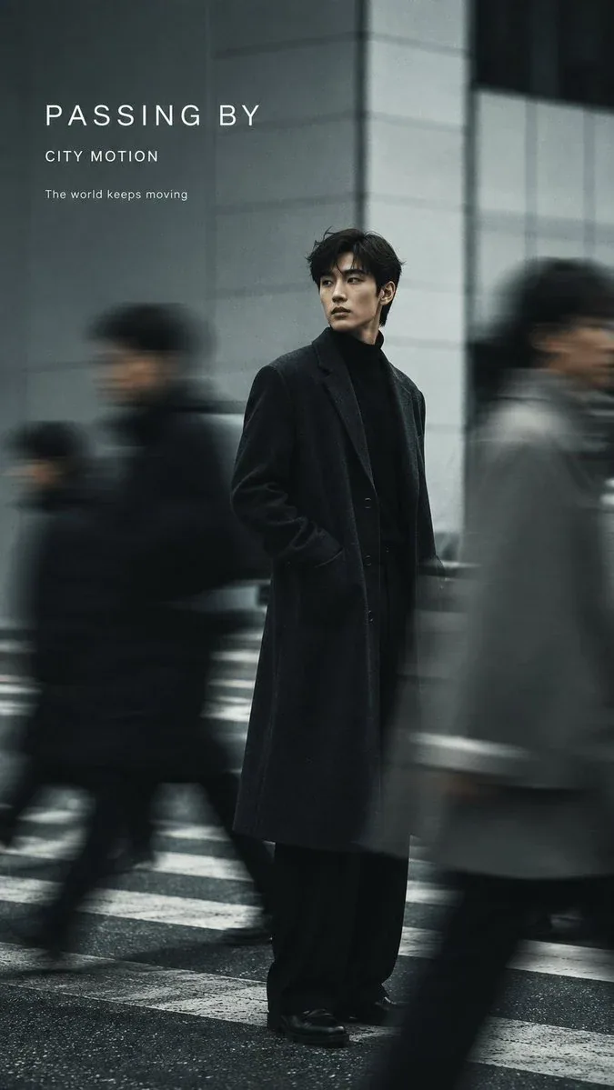 Create a 9:16 vertical fashion editorial poster with realistic slow-shutter photography and elegant minimal t… - AI提示词参考图，来自西西提示词