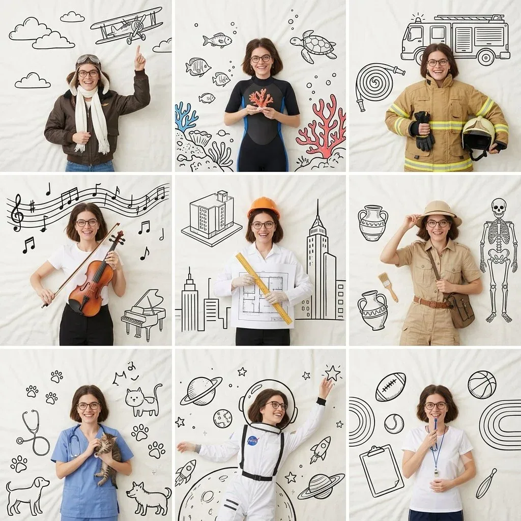 A professional 3×3 collage featuring the same beautiful young woman photographed from the reference image, ma… - AI提示词参考图，来自西西提示词