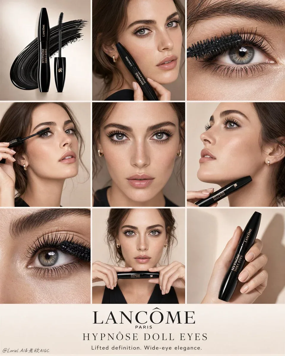 Create an ultra-premium nine-panel beauty campaign board for Lancôme, specifically Hypnôse Doll Eyes, preserv… - AI提示词参考图，来自西西提示词