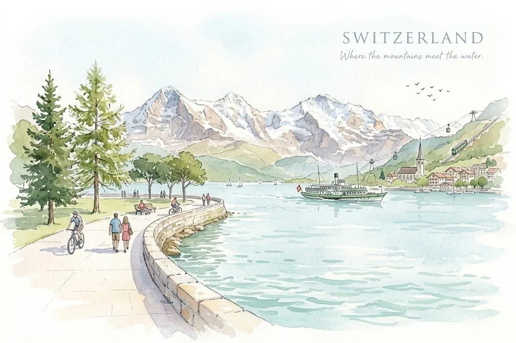 A delicate watercolor illustration on textured white paper featuring Switzerland’s alpine beauty. Add elegant… - AI prompt reference from CC Prompt Galaxy