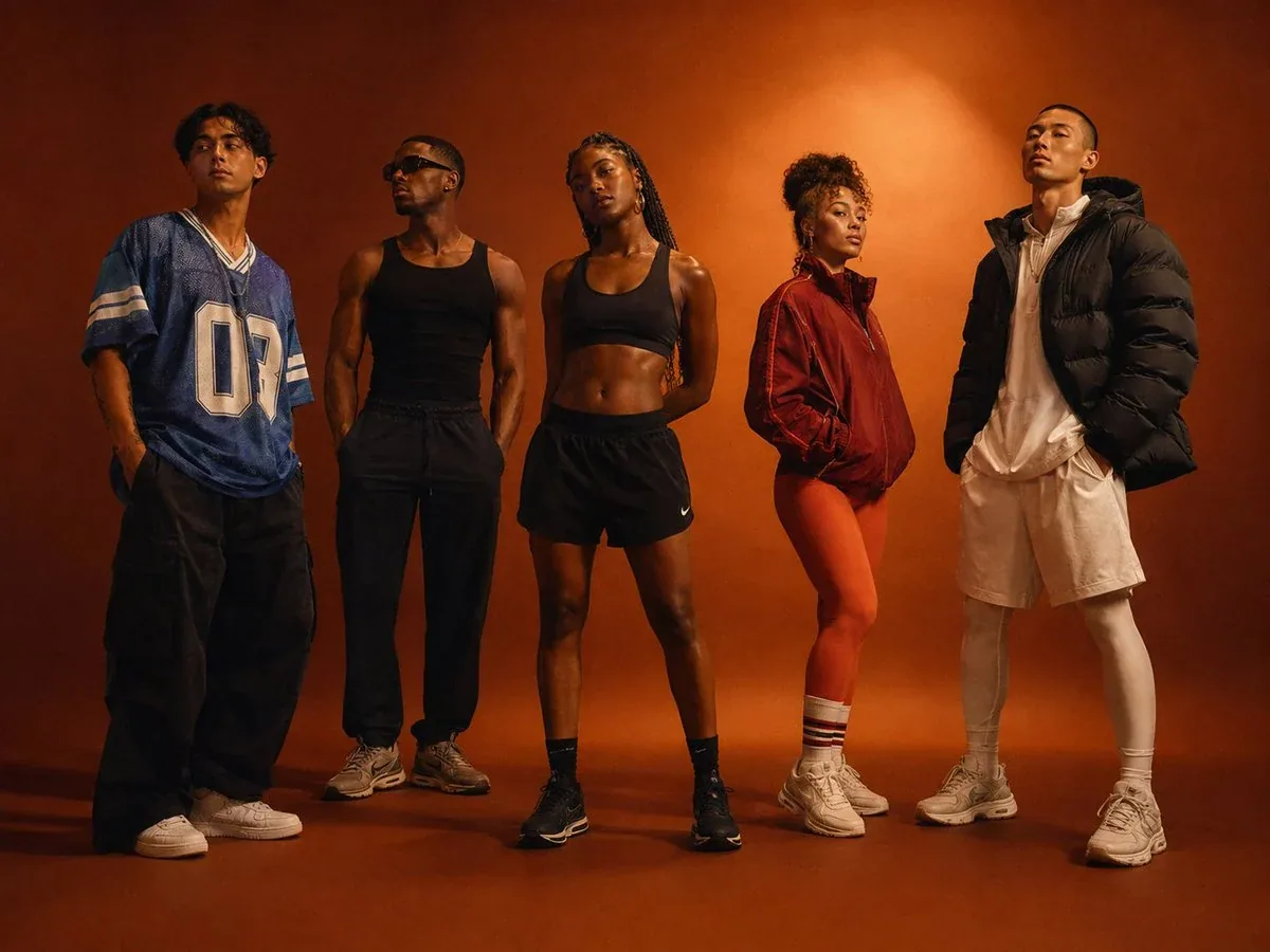 Premium cinematic group portrait of five diverse young adult athletes standing in a loose horizontal formatio… - AI提示词参考图，来自西西提示词