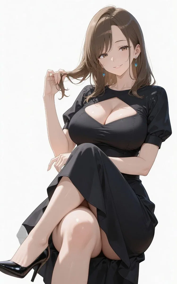 elegant shiny black satin dress with short puffy sleeves, large keyhole cutout on the chest, high-waisted des… - AI提示词参考图，来自西西提示词