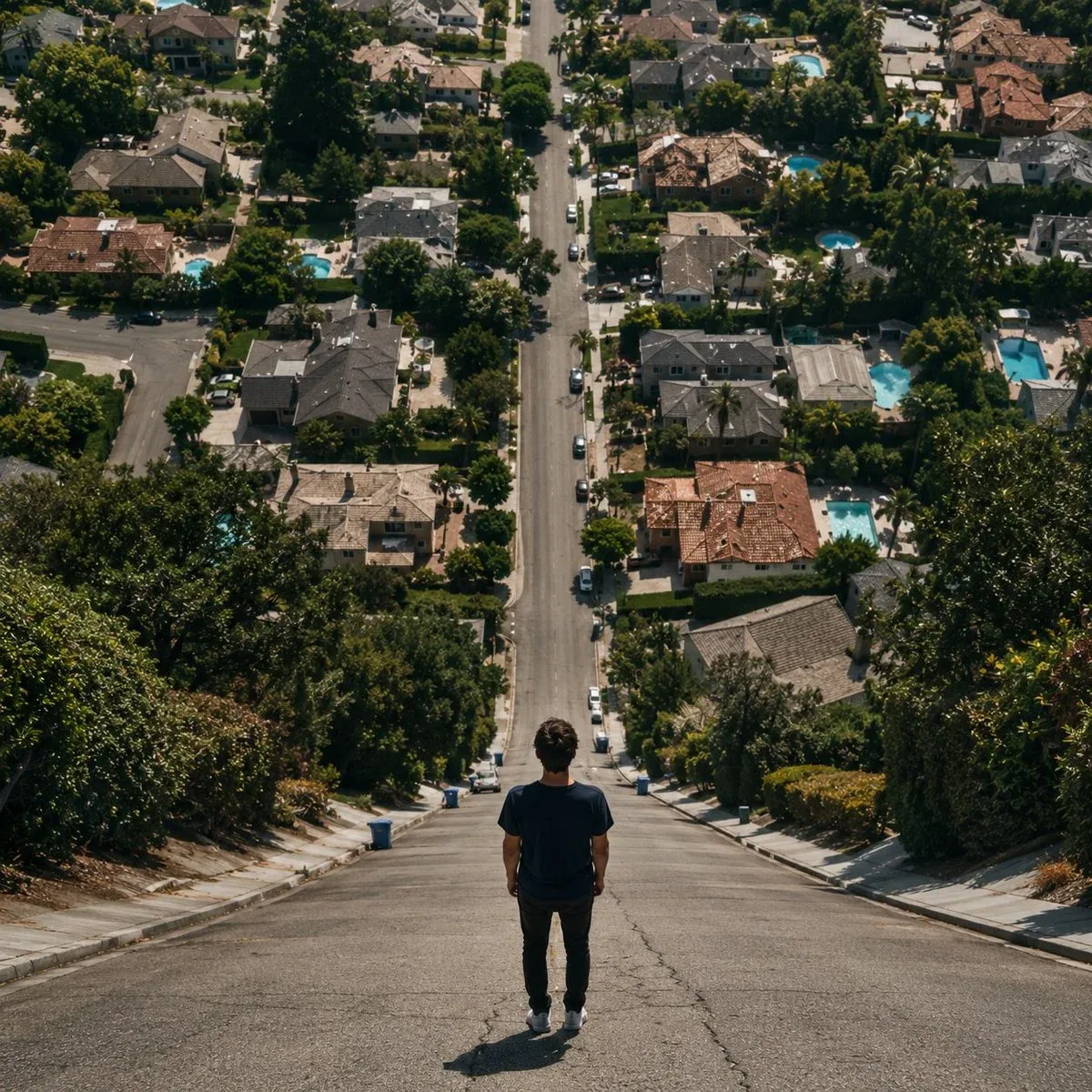 A surreal cinematic photograph of a lone young man standing in the middle of an impossibly steep suburban str… - AI提示词参考图，来自西西提示词
