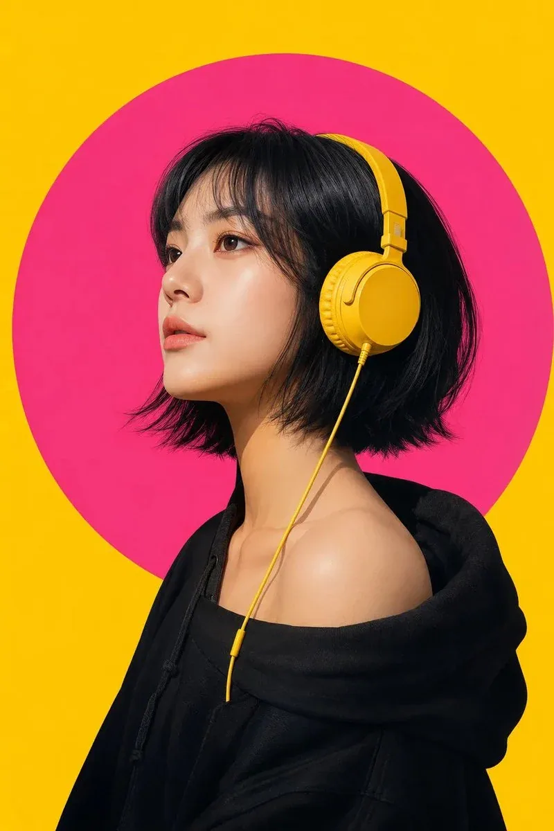 Create an ultra-detailed modern pop-art portrait of a confident East Asian woman in a clean left-side profile… - AI提示词参考图，来自西西提示词