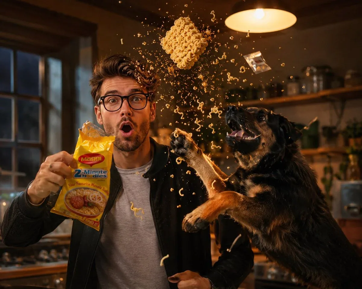Ultra-realistic cinematic action photo of the uploaded person in a cozy modern kitchen at night, caught in a … - AI提示词参考图，来自西西提示词