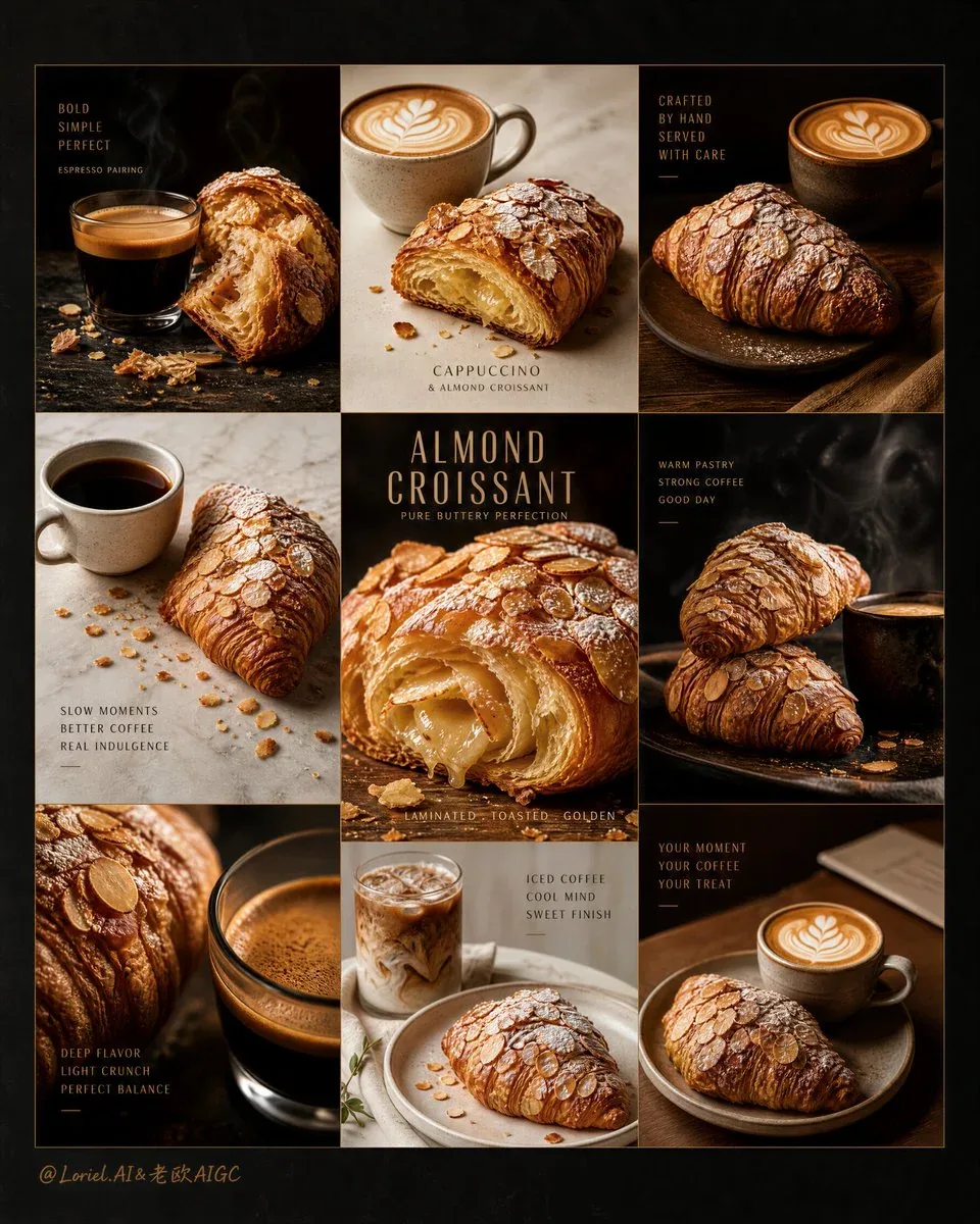 Create an ultra-premium vertical 9-panel editorial campaign board for Almond Croissant, preserving the same c… - AI提示词参考图，来自西西提示词